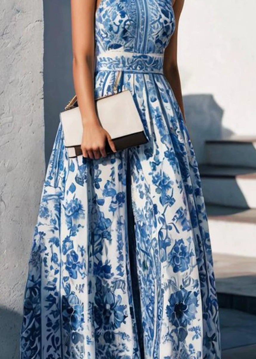 Collar Maxi Summer Pan Baby Peter Dress Boho Blue Print