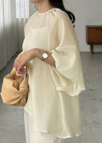 Sheer Boho Chiffon Sleeve Oversized Batwing Top Beige