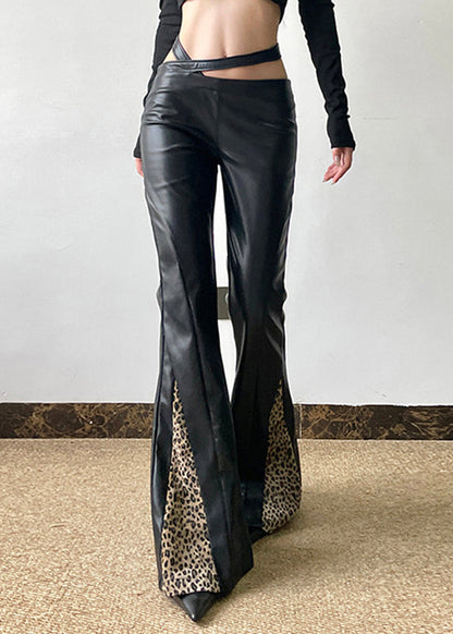 Boho Black PU Spring Patchwork Pants Leopard Asymmetrical