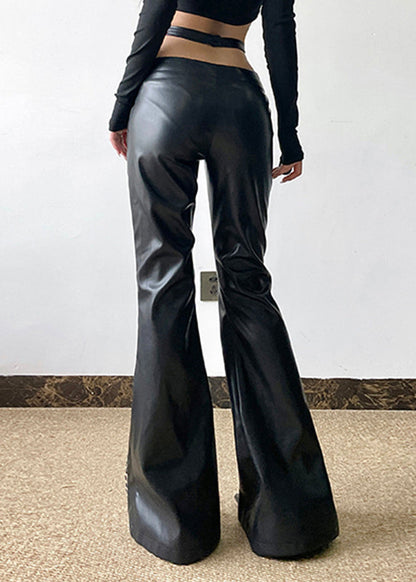 Boho Black PU Spring Patchwork Pants Leopard Asymmetrical