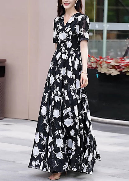 Neck Chiffon Black Boho Long Dress Summer V Print