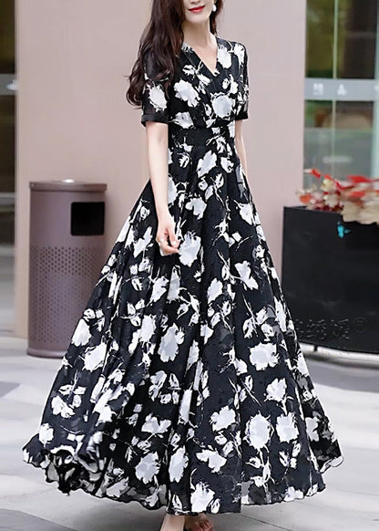 Neck Chiffon Black Boho Long Dress Summer V Print