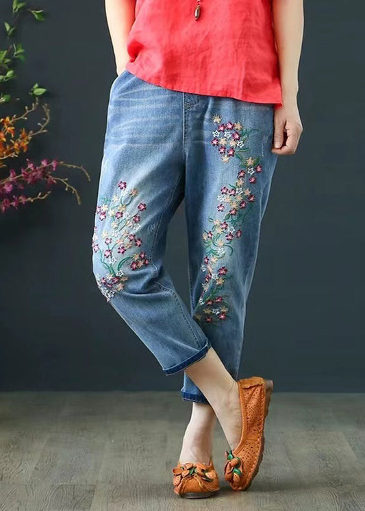 Embroidered Pants Blue Summer Crop Denim Boho