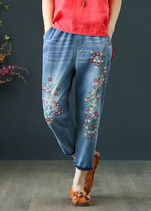 Embroidered Pants Blue Summer Crop Denim Boho