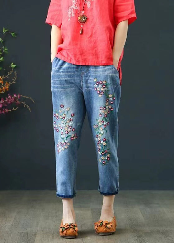 Embroidered Pants Blue Summer Crop Denim Boho
