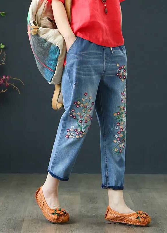Embroidered Pants Blue Summer Crop Denim Boho