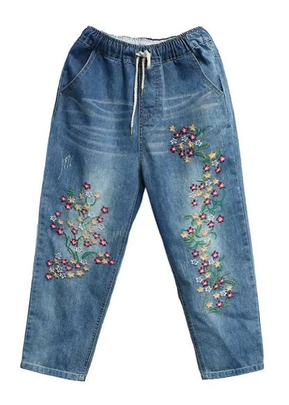Embroidered Pants Blue Summer Crop Denim Boho