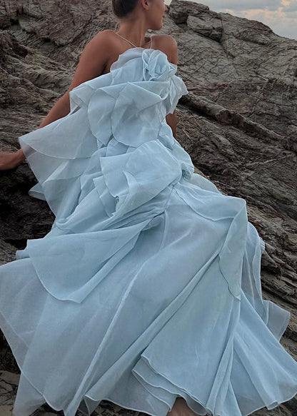 Ruffled Design Strap Chiffon Boho Asymmetrical Blue Spaghetti