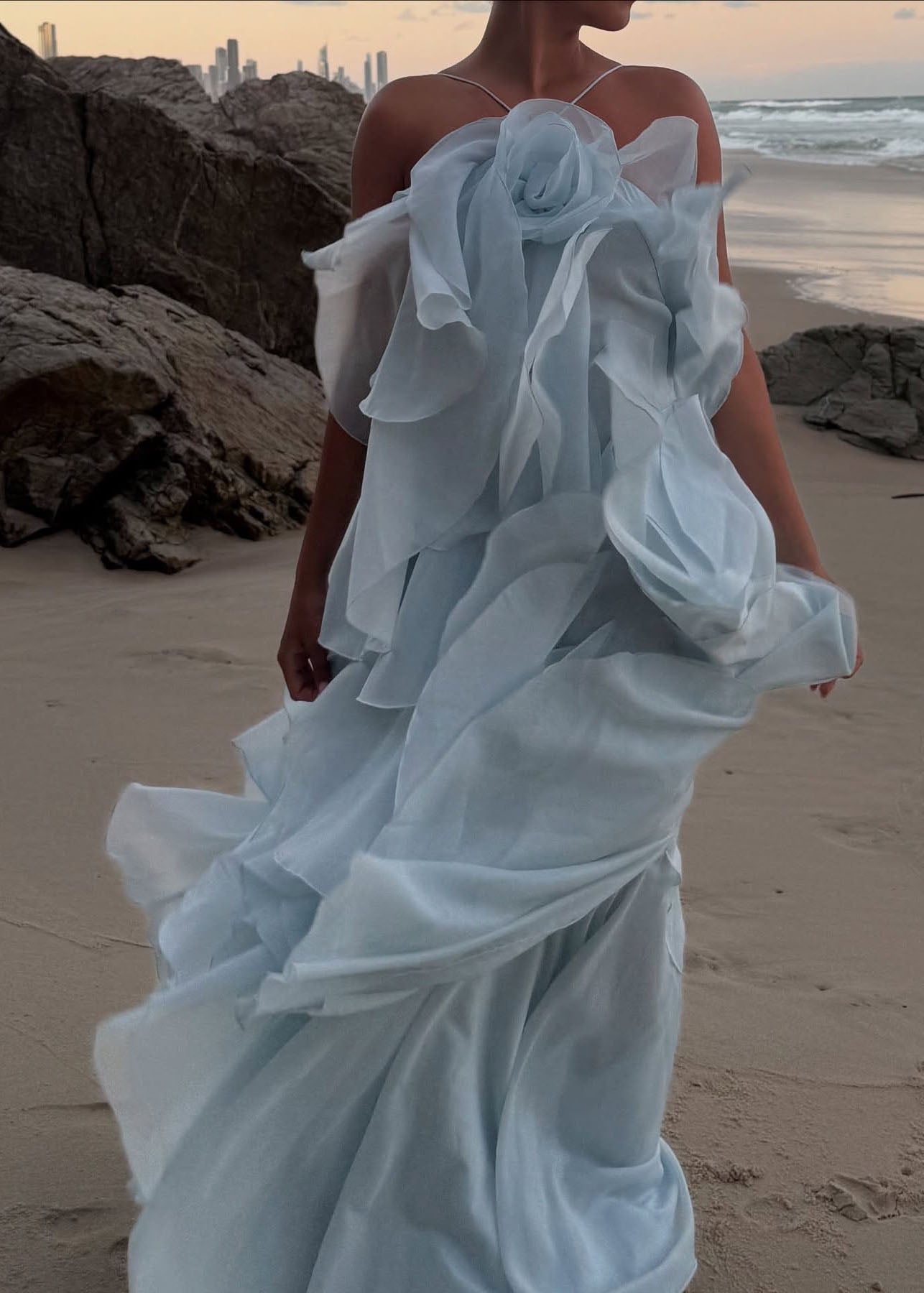 Ruffled Design Strap Chiffon Boho Asymmetrical Blue Spaghetti