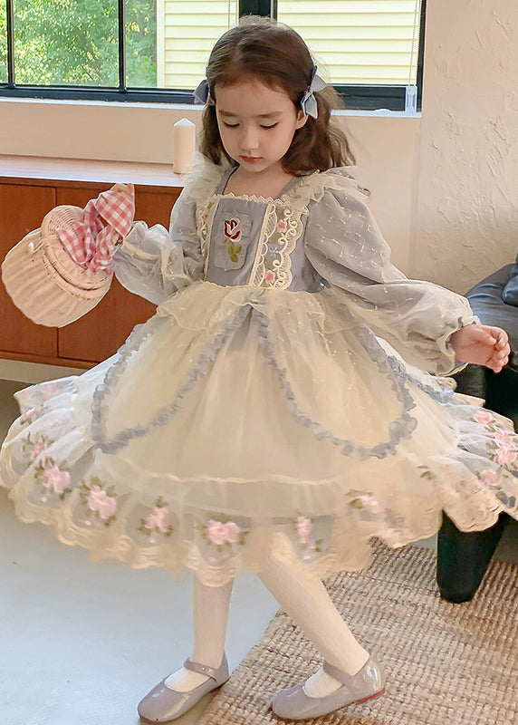 Boho Blue Square Collar Embroideried Tulle Kids Maxi Dress Spring YE032