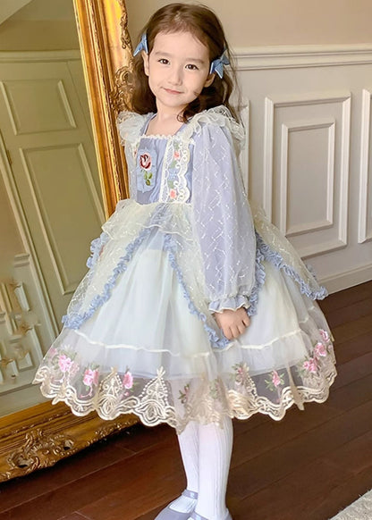 Boho Blue Square Collar Embroideried Tulle Kids Maxi Dress Spring YE032