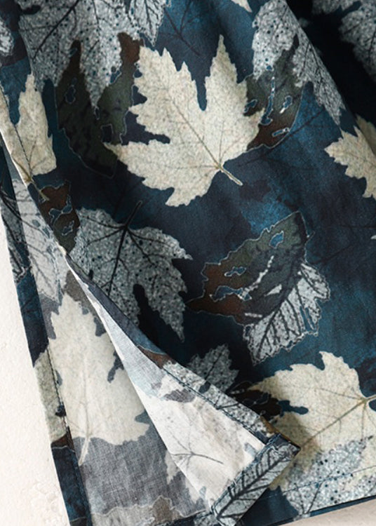 Boho Blue V Neck Print Tie Waist Cotton Dress Summer AM1043