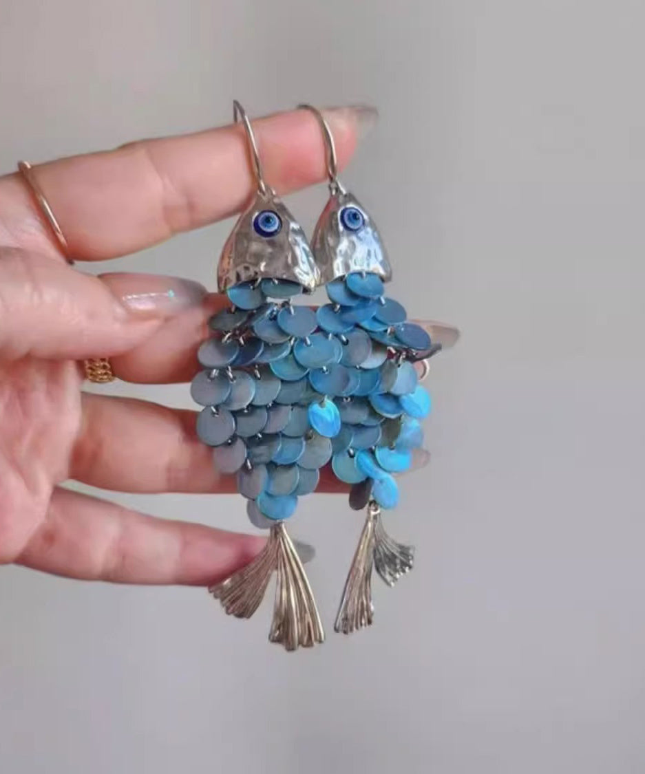 Blue Tassel Fish Weave Drop Earrings Boho Small Shell