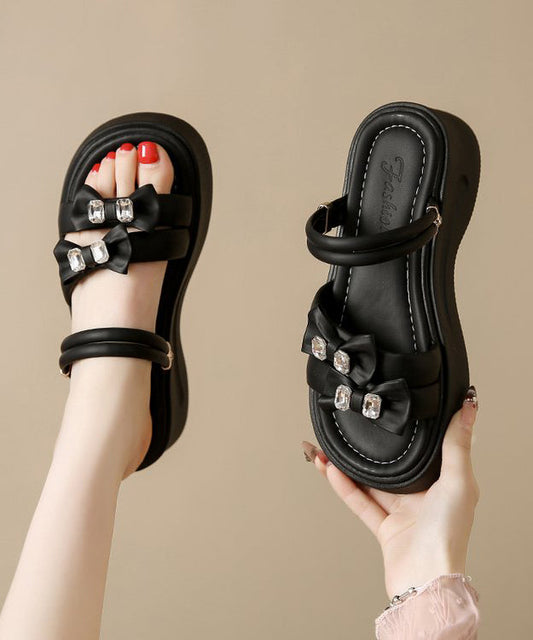 Slide Platform Black Zircon Splicing Bow Faux Boho Leather