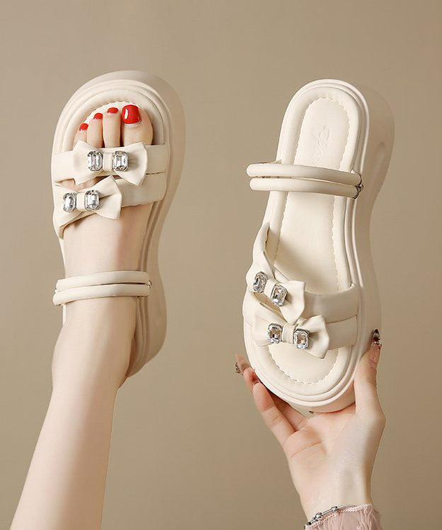 Slide Platform Black Zircon Splicing Bow Faux Boho Leather