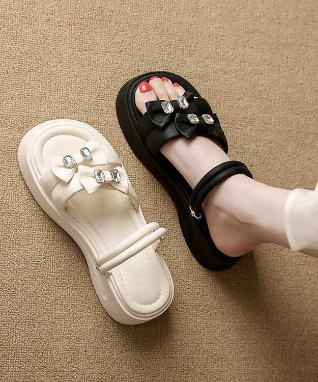 Slide Platform Black Zircon Splicing Bow Faux Boho Leather