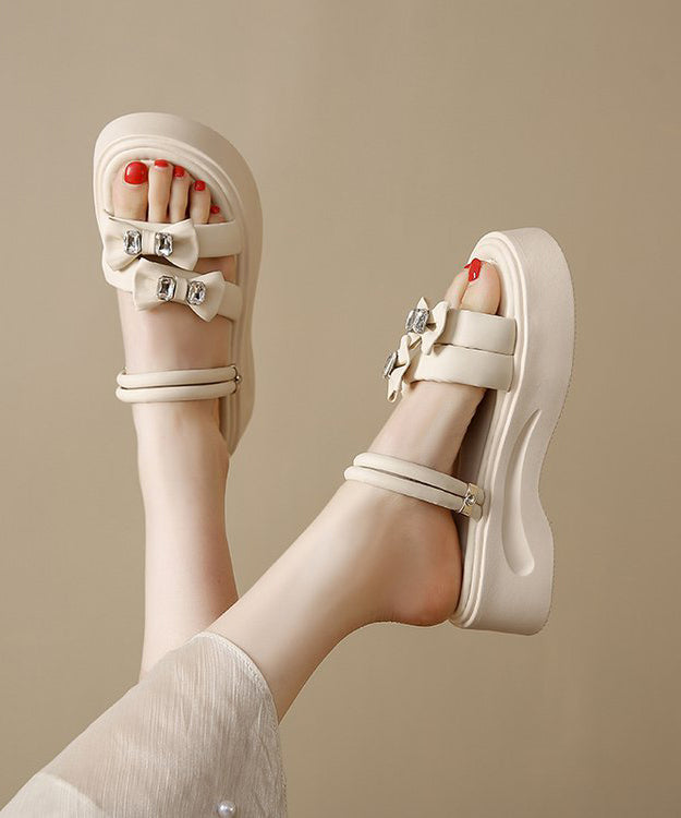 Slide Platform Black Zircon Splicing Bow Faux Boho Leather