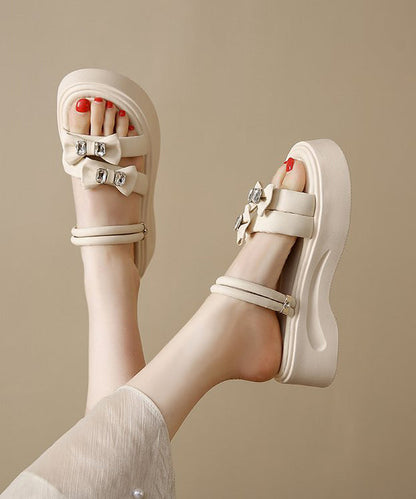 Slide Platform Black Zircon Splicing Bow Faux Boho Leather