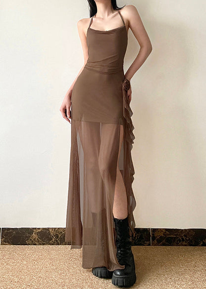 Boho Brown Side Open Silm Fit Tulle Halter Dress Summer YP036