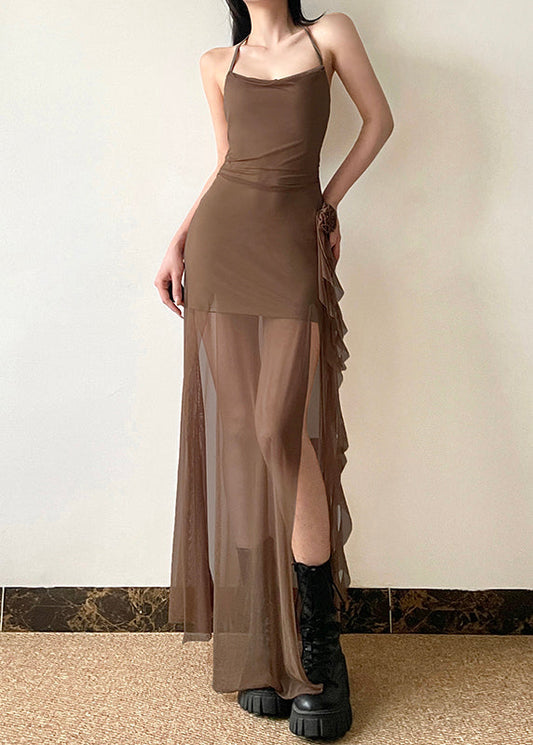 Boho Brown Side Open Silm Fit Tulle Halter Dress Summer YP036