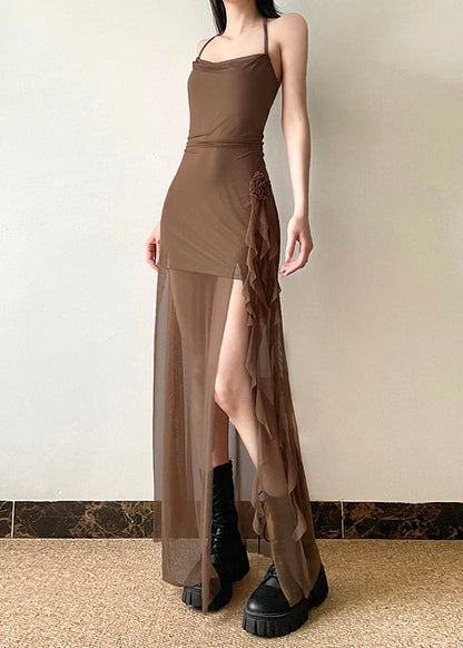 Boho Brown Side Open Silm Fit Tulle Halter Dress Summer YP036