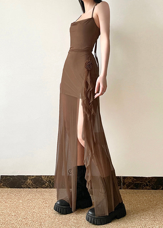 Boho Brown Side Open Silm Fit Tulle Halter Dress Summer YP036