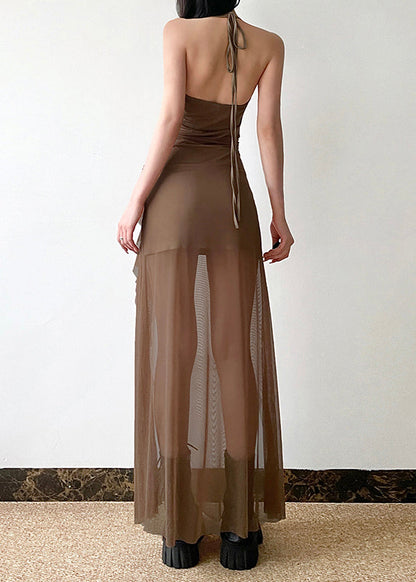 Boho Brown Side Open Silm Fit Tulle Halter Dress Summer YP036