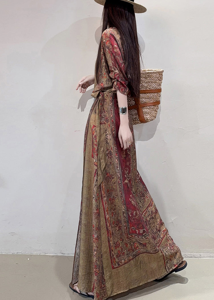 Boho Coffee Holiday Dress Cinched Print Linen Summer