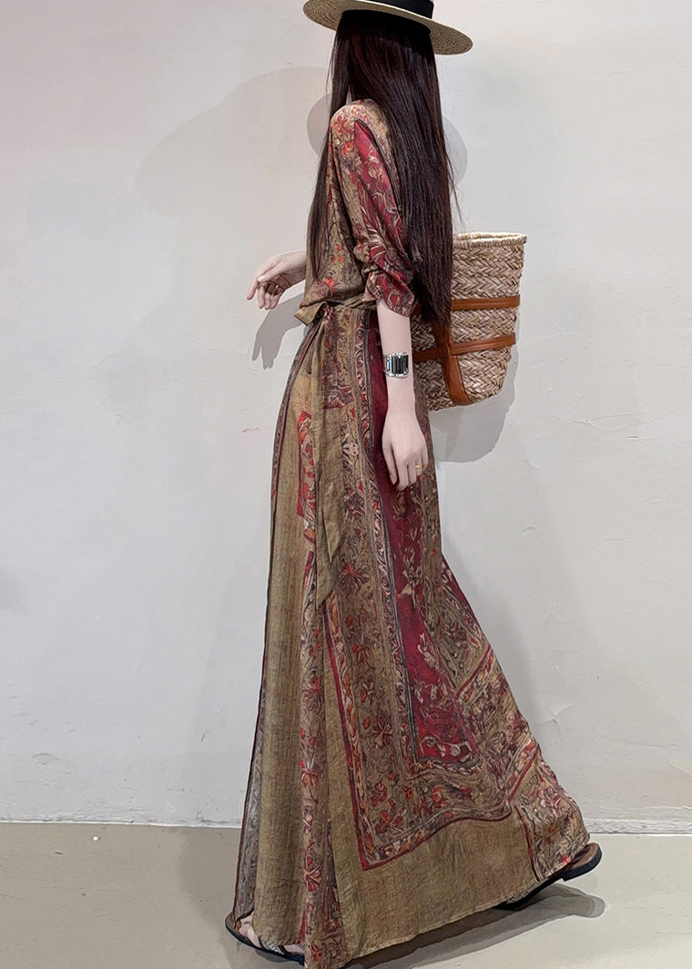 Boho Coffee Holiday Dress Cinched Print Linen Summer