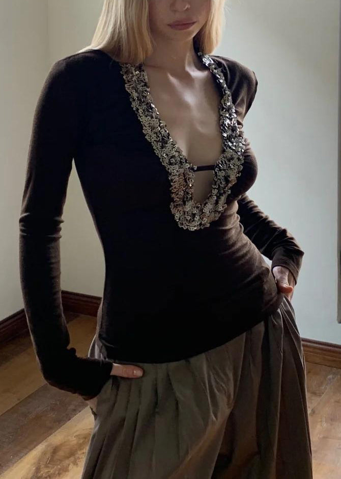 Boho Coffee U Neck Sequins Silk Top Spring YJ001