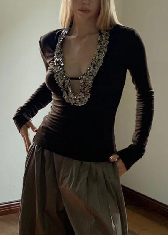 Boho Coffee U Neck Sequins Silk Top Spring YJ001