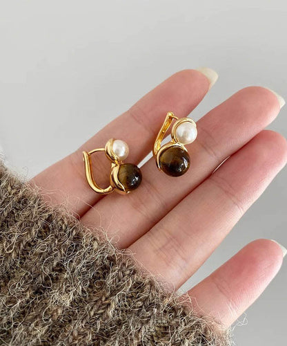 Boho Gold Copper Alloy Cat Eye Stone Pearl Hoop Earrings TX027