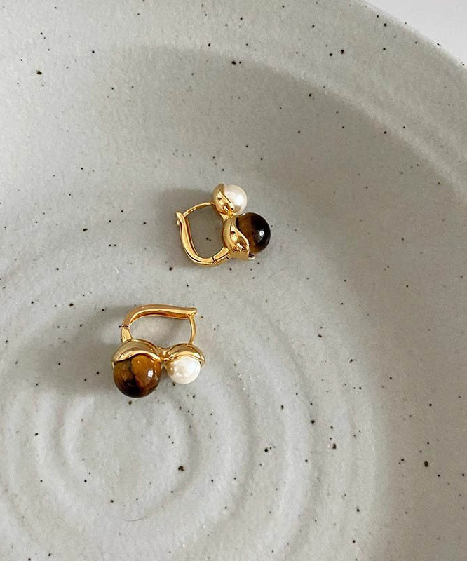 Boho Gold Copper Alloy Cat Eye Stone Pearl Hoop Earrings TX027