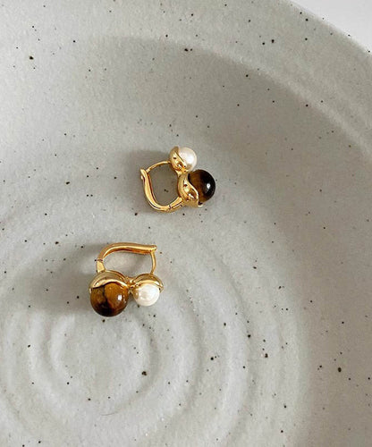 Boho Gold Copper Alloy Cat Eye Stone Pearl Hoop Earrings TX027