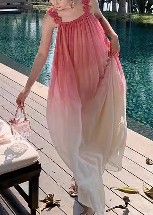 Gradient Wrinkled Boho Strap Dress Spaghetti Color Backless