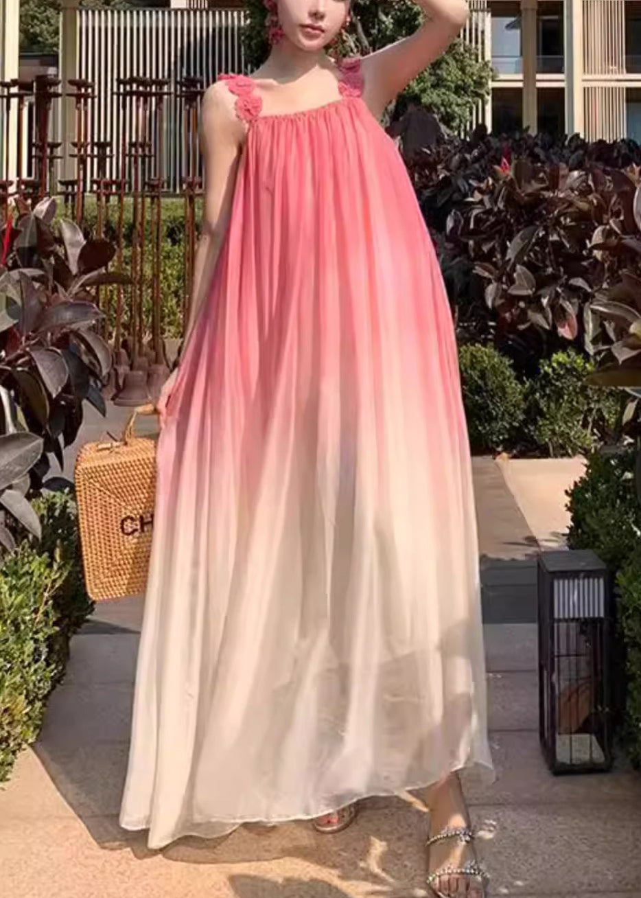 Gradient Wrinkled Boho Strap Dress Spaghetti Color Backless