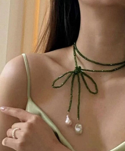 Boho Green Alloy Pearl Beading Pendant Necklace YA053