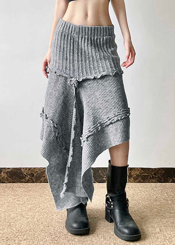 Boho Grey Asymmetrical Design Ruffled Knit Skirts Spring YP048