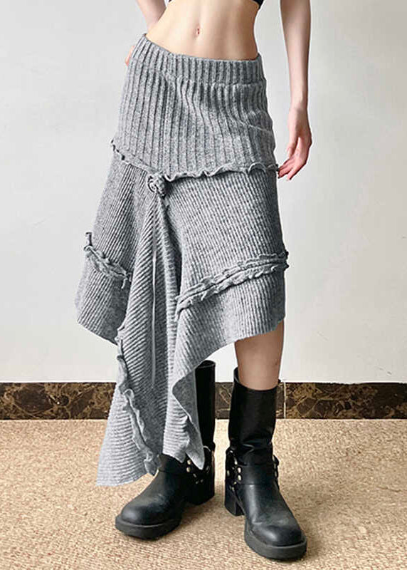 Boho Grey Asymmetrical Design Ruffled Knit Skirts Spring YP048