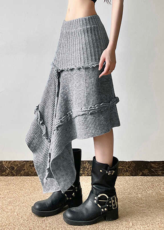 Boho Grey Asymmetrical Design Ruffled Knit Skirts Spring YP048