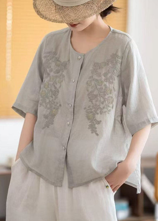 Grey Tops Embroidered Sleeve Linen Boho Half