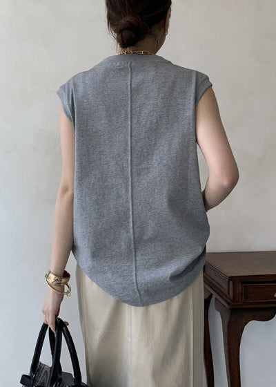 Cotton Tank Boho Tops Floral Decorated Grey Sleeveless