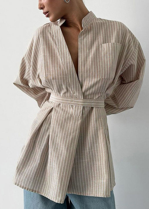 Khaki Fall Boho Striped Top Tunic Linen Shirt