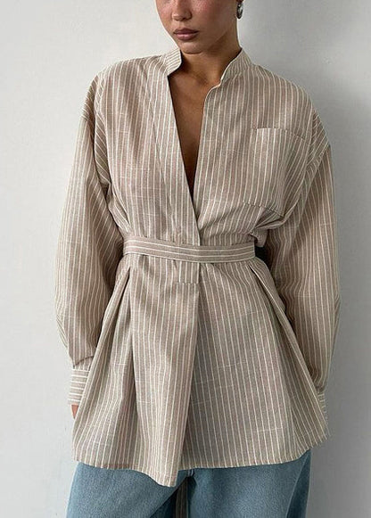 Khaki Fall Boho Striped Top Tunic Linen Shirt