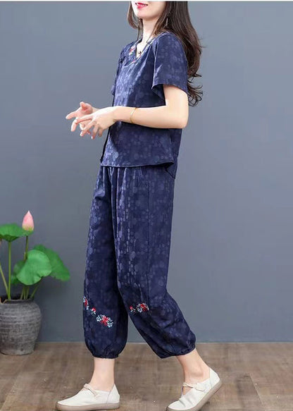 Summer Boho Pieces Navy Cotton Set Embroidered Two