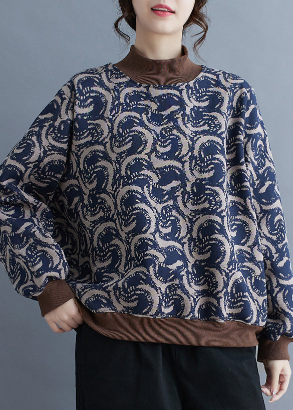 Boho Navy Print Patchwork Warm Fleece Sweatshirt Top Spring TM011