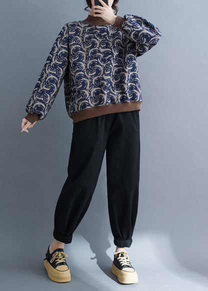 Boho Navy Print Patchwork Warm Fleece Sweatshirt Top Spring TM011