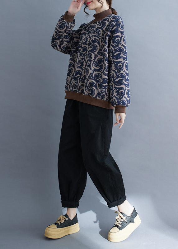 Boho Navy Print Patchwork Warm Fleece Sweatshirt Top Spring TM011