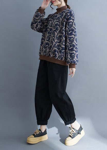 Boho Navy Print Patchwork Warm Fleece Sweatshirt Top Spring TM011