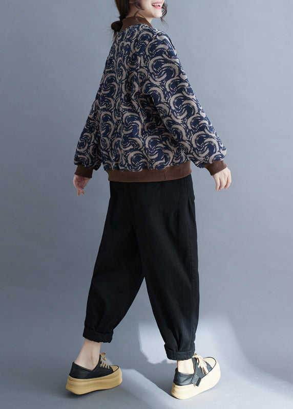 Boho Navy Print Patchwork Warm Fleece Sweatshirt Top Spring TM011